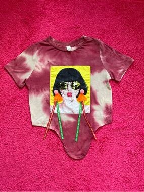 Tie-Dye Graphic Top with Pom-Pom Tassels